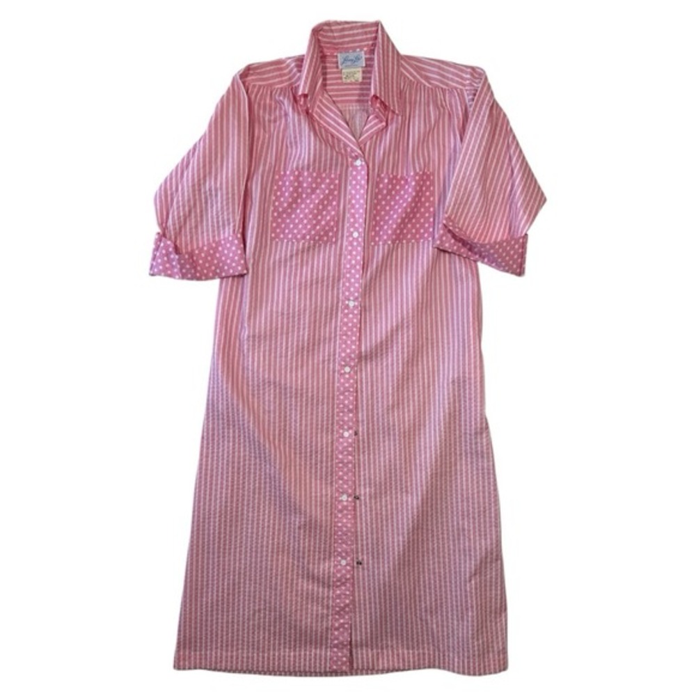 VTG Leisure Life House Robe Nightgown S M Pink Striped Snap Granny Cottage Retro